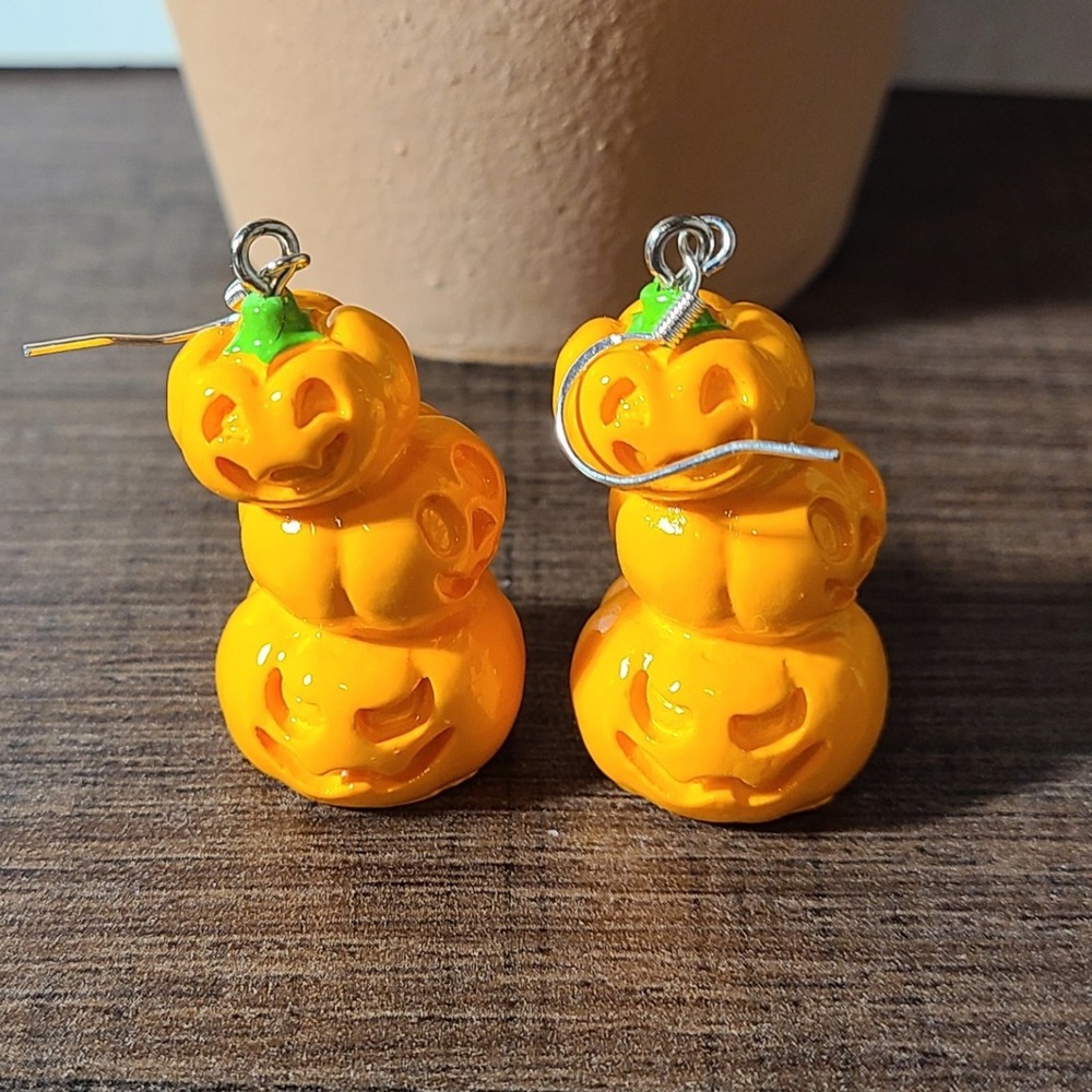 Handmade Halloweenā Pumpkin Earrings Stacked Jack O Lantern Festive Dangle Drop